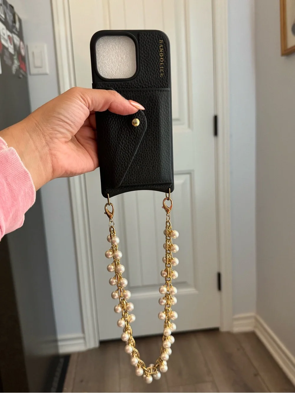Bandolier iPhone 15 pro max Emelia case and long pearl wristlet